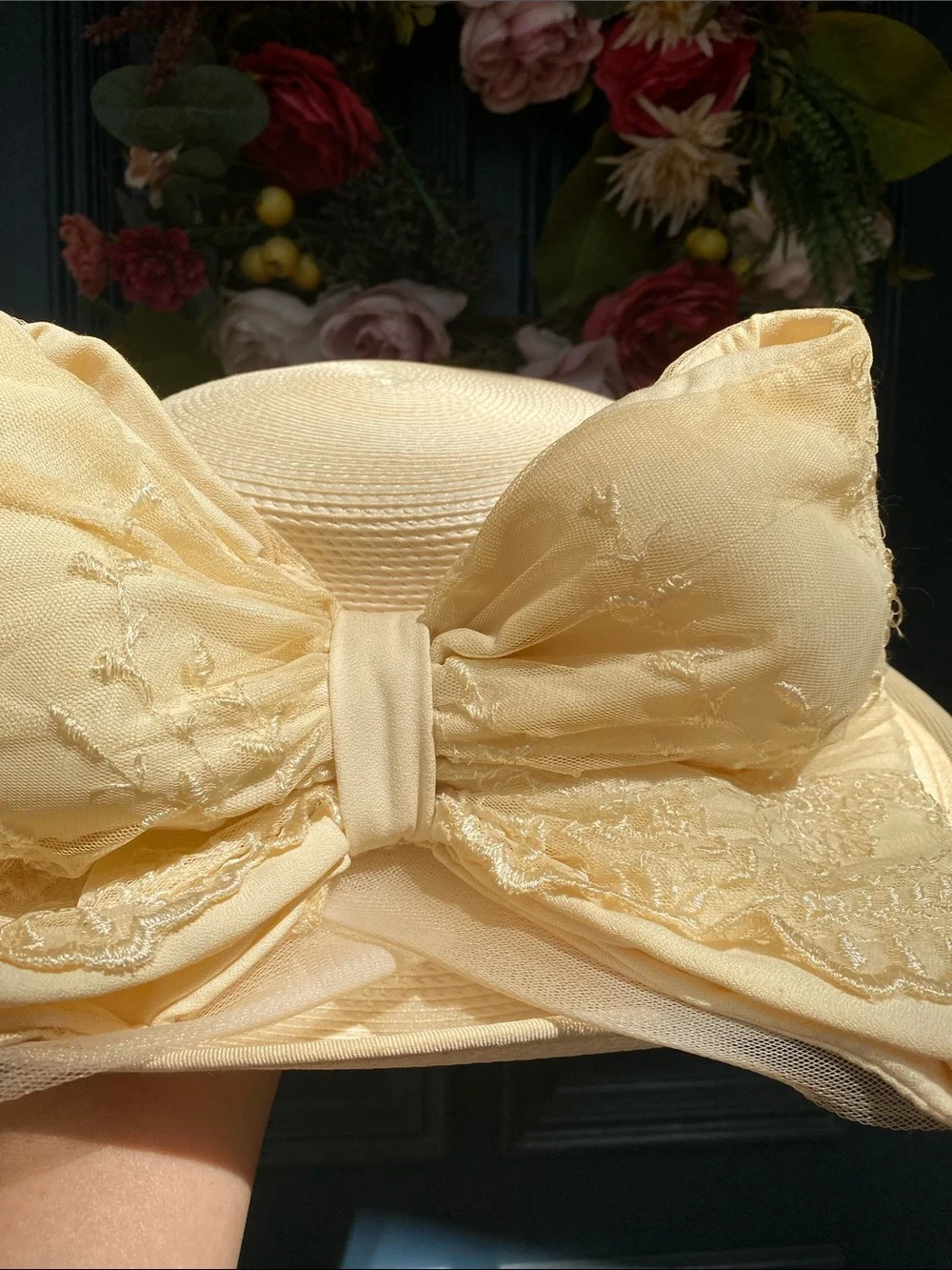 Vintage Jodi G for Sylvia Creamy Yellow Sun Hat with Ribbon Trim Kentucky Derby